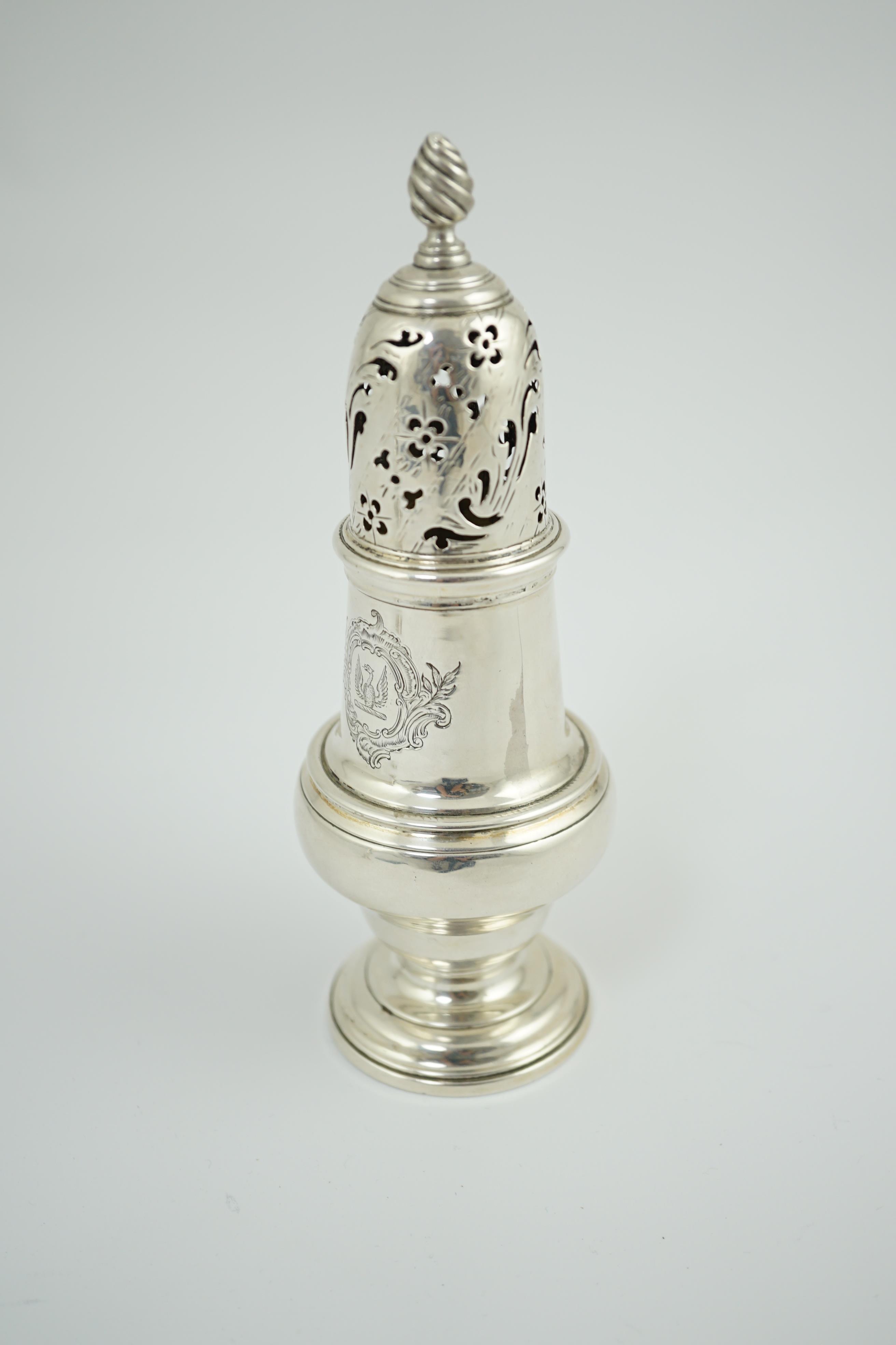 An early George III silver baluster sugar caster, by John Delmester